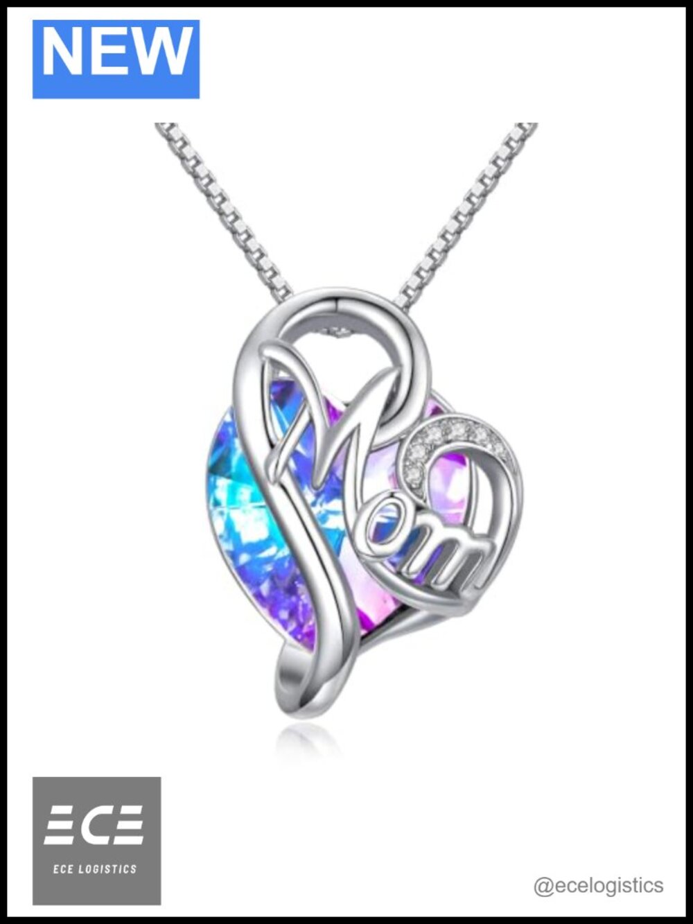 925 Sterling Silver MOM Necklace Heart Crystal Pendant 18" Chain Gift